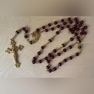 Vintage Holy Family Rosary Red Glass Beads Gold Tone INRI Crucifix 30g 21" Long